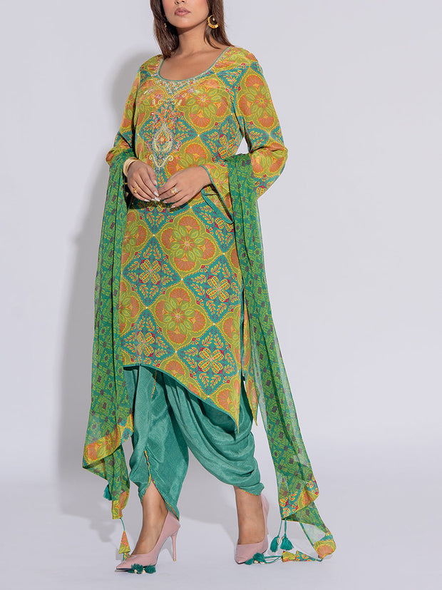 Green and Turquoise Blue Printed Crepe Suit Set