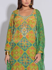 Green and Turquoise Blue Printed Crepe Suit Set