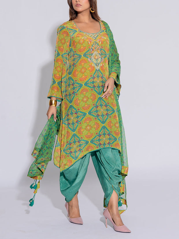 Green and Turquoise Blue Printed Crepe Suit Set