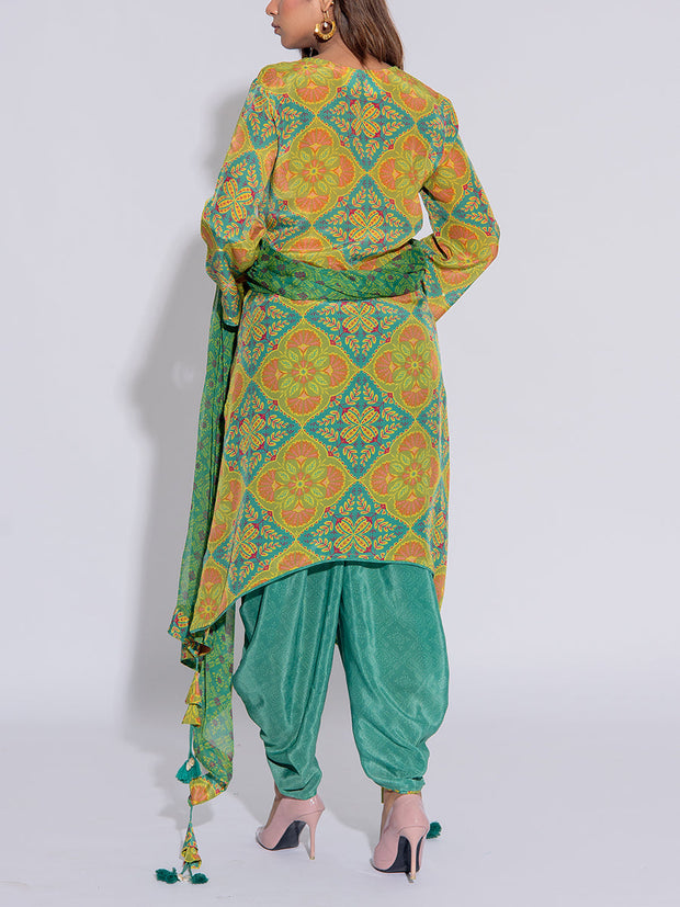 Green and Turquoise Blue Printed Crepe Suit Set
