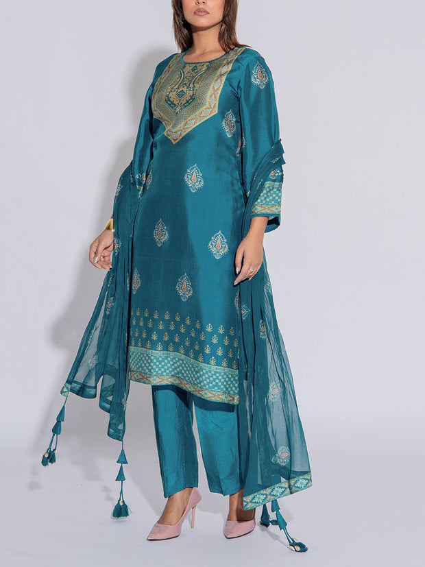 Turquoise Blue Vasansi Silk Printed Suit Set