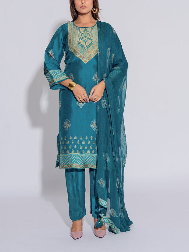 Turquoise Blue Vasansi Silk Printed Suit Set