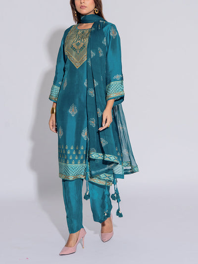 Turquoise Blue Vasansi Silk Printed Suit Set
