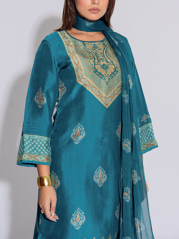Turquoise Blue Vasansi Silk Printed Suit Set