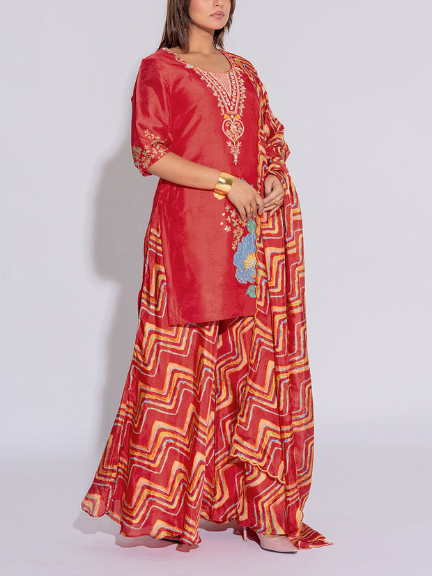 Red Vasansi Silk Kurta and  Sharara Set