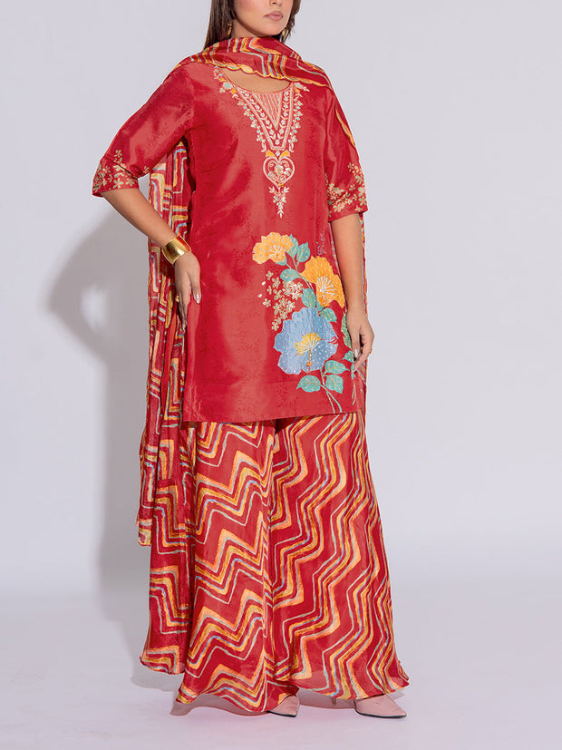 Red Vasansi Silk Kurta and  Sharara Set