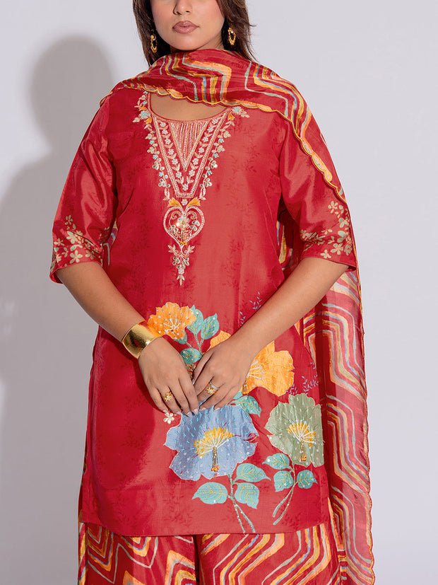 Red Vasansi Silk Kurta and  Sharara Set