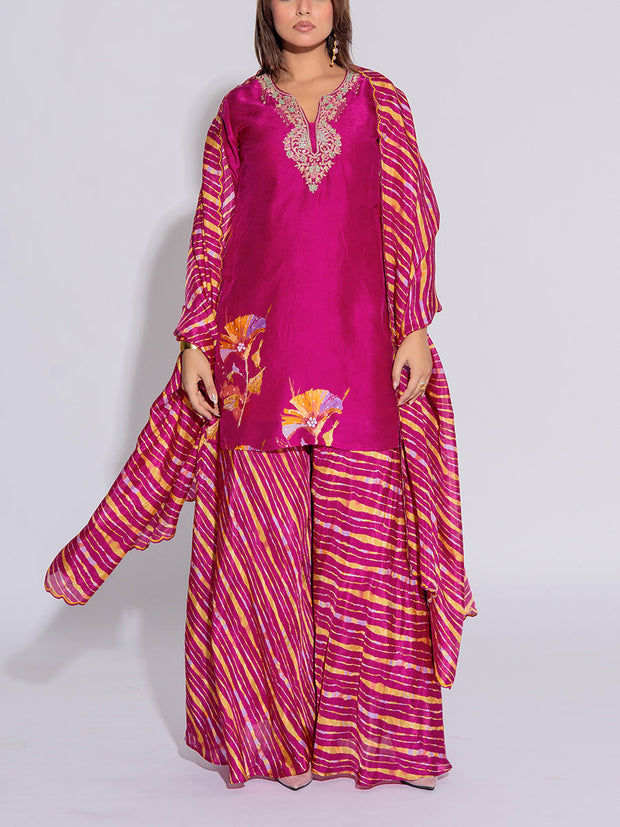 Magenta Pink Vasansi Silk Leheriya Kurta and Palazzo Set