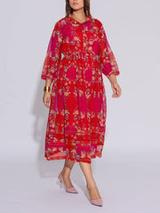 Red and Pink Kota Silk Printed Dress