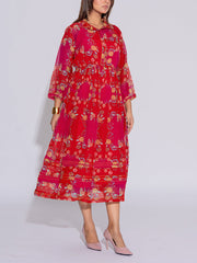 Red and Pink Kota Silk Printed Dress