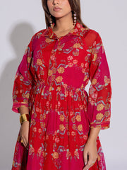 Red and Pink Kota Silk Printed Dress