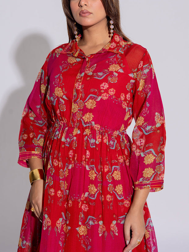 Red and Pink Kota Silk Printed Dress