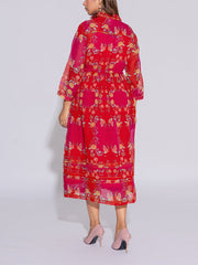 Red and Pink Kota Silk Printed Dress