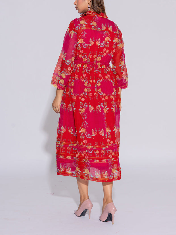 Red and Pink Kota Silk Printed Dress