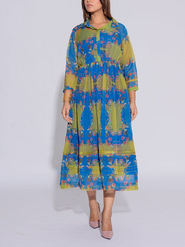 Blue and Green Printed Kota Silk Dress