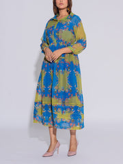 Blue and Green Printed Kota Silk Dress