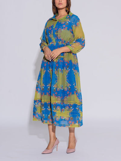 Blue and Green Printed Kota Silk Dress