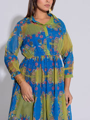 Blue and Green Printed Kota Silk Dress