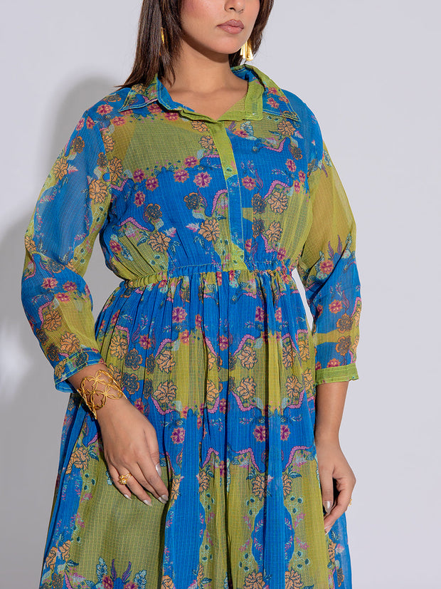 Blue and Green Printed Kota Silk Dress