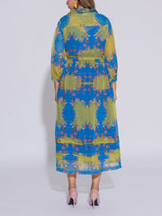 Blue and Green Printed Kota Silk Dress