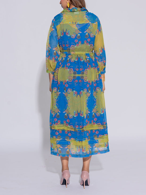 Blue and Green Printed Kota Silk Dress