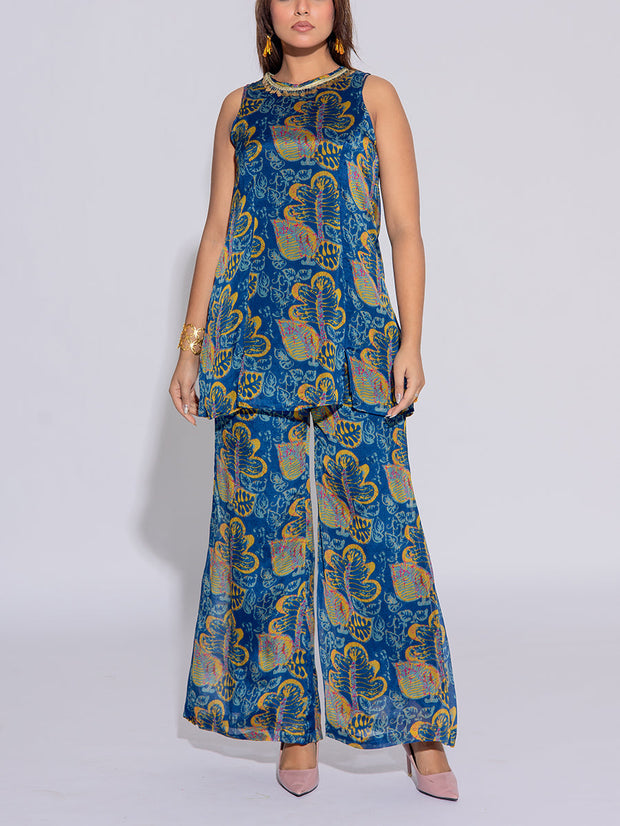 Blue Chiffon Printed Co-Ord Set