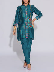 Teal Blue Vasansi Silk Printed Co-Ord Set