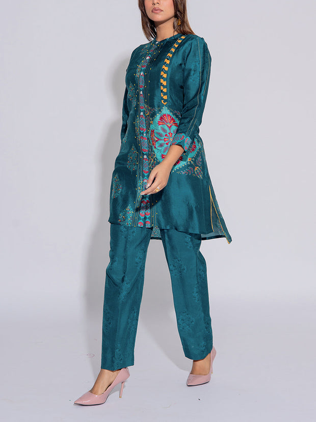 Teal Blue Vasansi Silk Printed Co-Ord Set