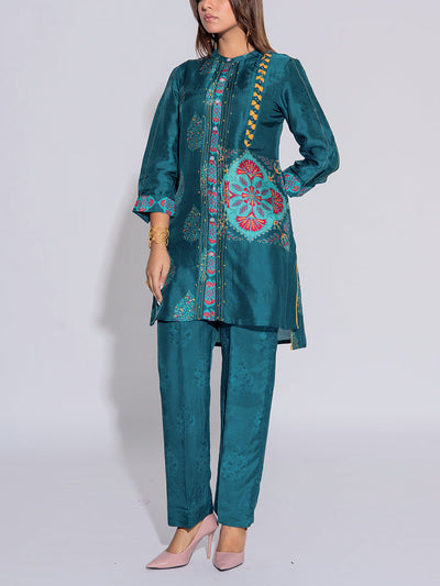 Teal Blue Vasansi Silk Printed Co-Ord Set
