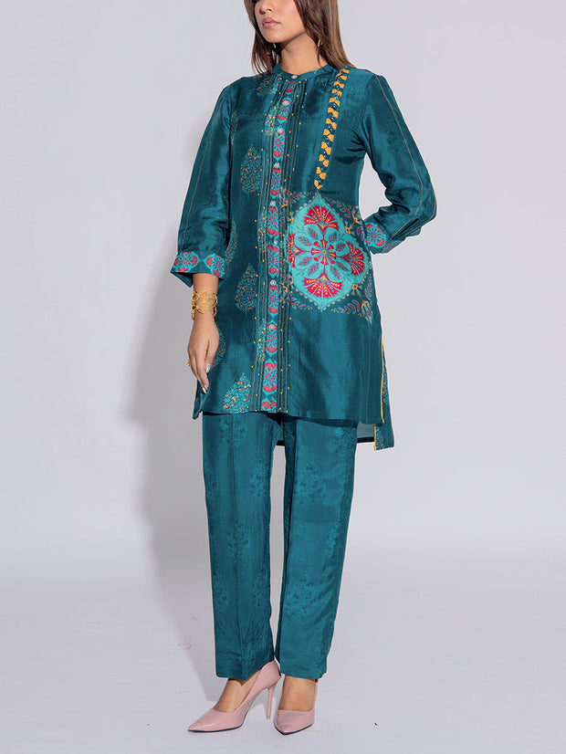 Teal Blue Vasansi Silk Printed Co-Ord Set