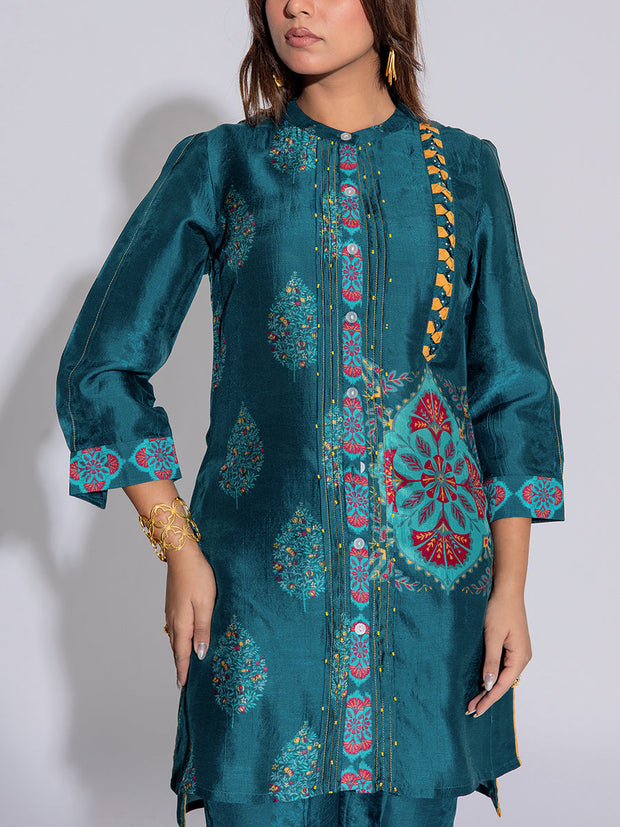 Teal Blue Vasansi Silk Printed Co-Ord Set