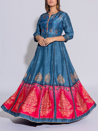 Greyish Blue Vasansi Silk Printed Gown