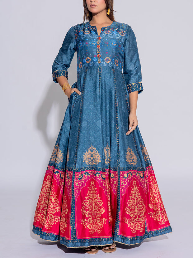 Greyish Blue Vasansi Silk Printed Gown