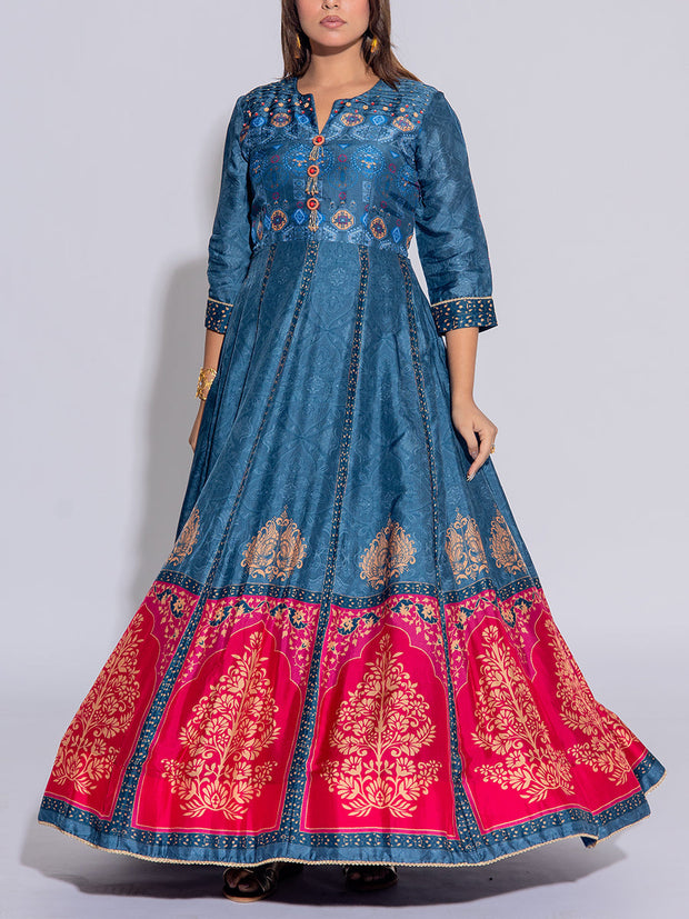 Greyish Blue Vasansi Silk Printed Gown