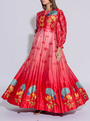 Red and Pink Vasansi Silk Printed  Anarkali Gown