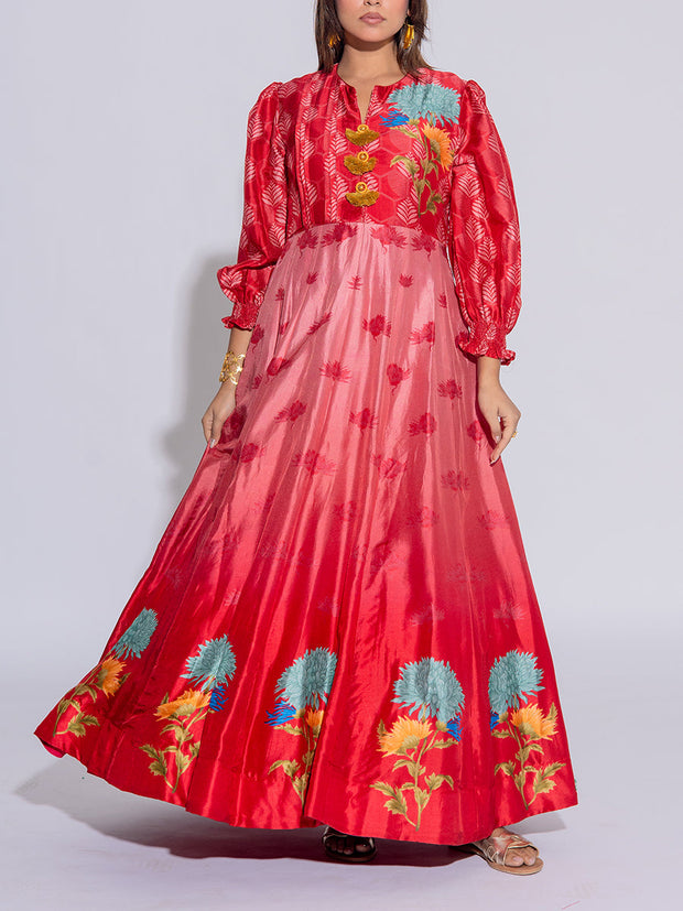 Red and Pink Vasansi Silk Printed  Anarkali Gown