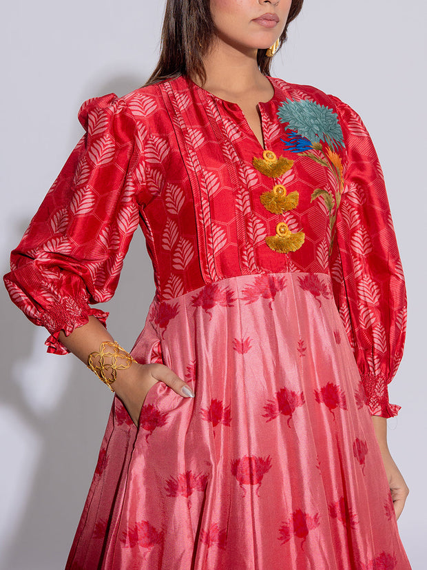Red and Pink Vasansi Silk Printed  Anarkali Gown