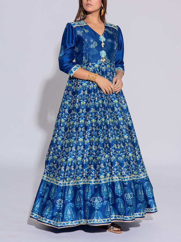 Blue Vasansi Silk Printed Anarkali Gown