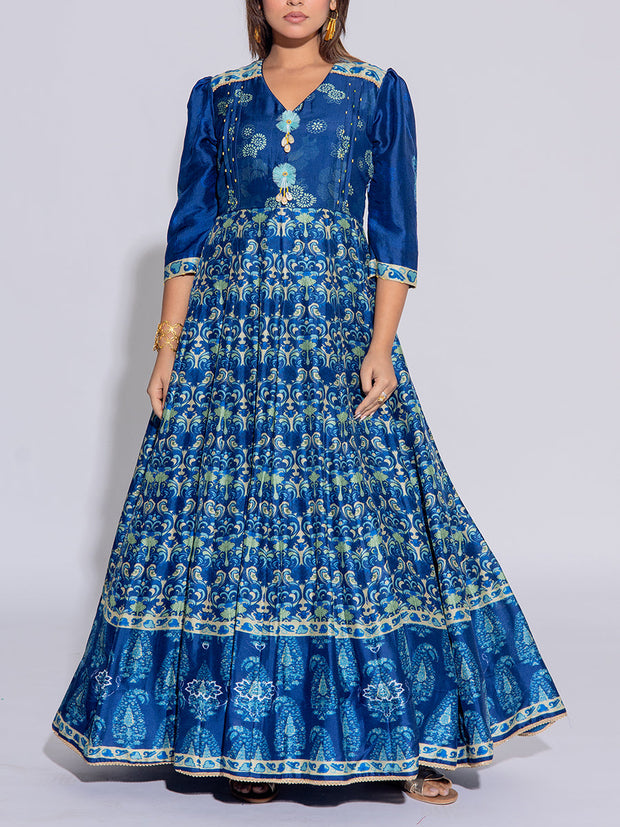 Blue Vasansi Silk Printed Anarkali Gown