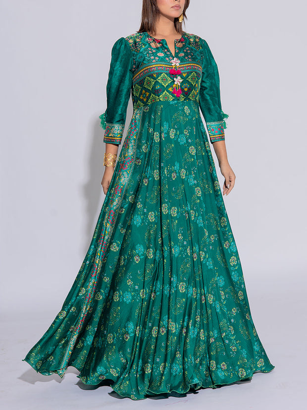 Green Vasansi Silk Printed Anarkali  Gown