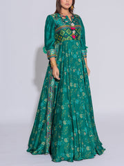 Green Vasansi Silk Printed Anarkali  Gown