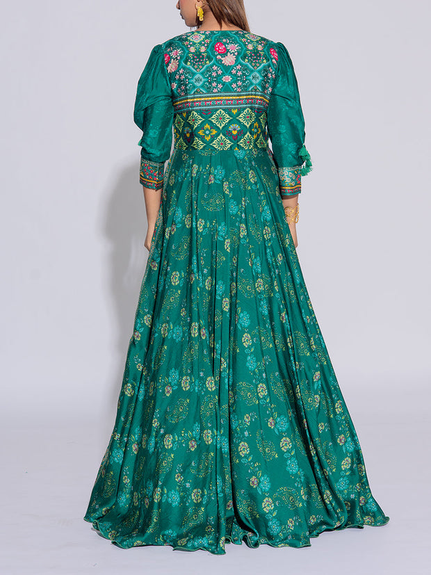 Green Vasansi Silk Printed Anarkali  Gown