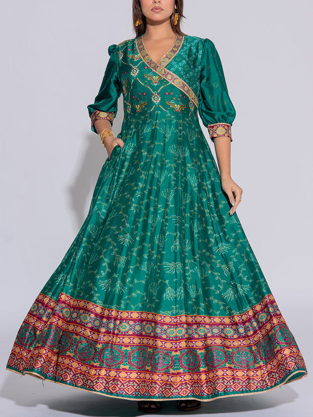 Green Vasansi Silk  Printed Anarkali Gown
