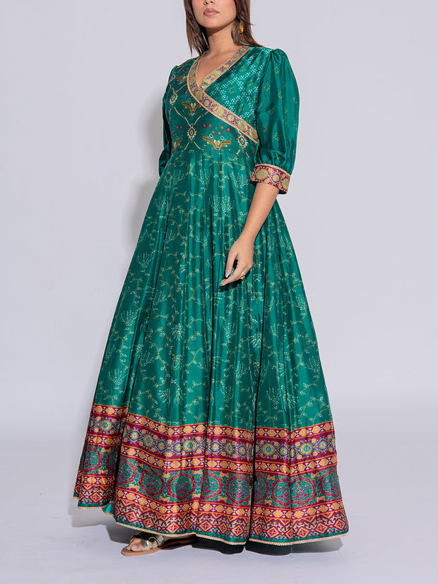 Green Vasansi Silk  Printed Anarkali Gown