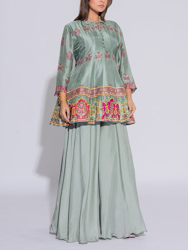 Sage Green Vasansi Silk Peplum and Sharara Set