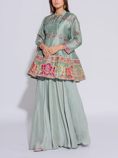 Sage Green Vasansi Silk Peplum and Sharara Set