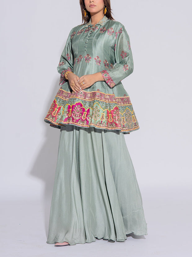 Sage Green Vasansi Silk Peplum and Sharara Set