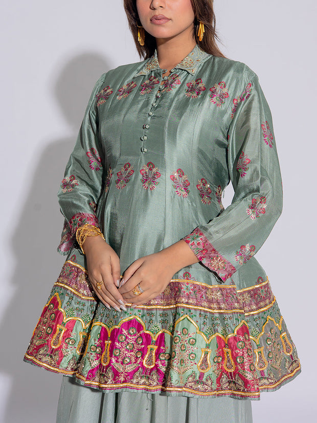 Sage Green Vasansi Silk Peplum and Sharara Set