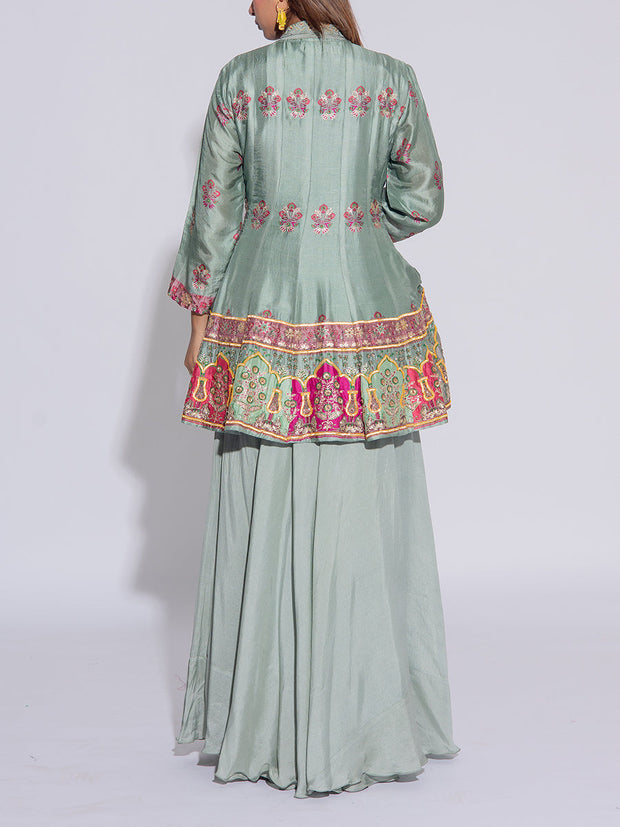 Sage Green Vasansi Silk Peplum and Sharara Set