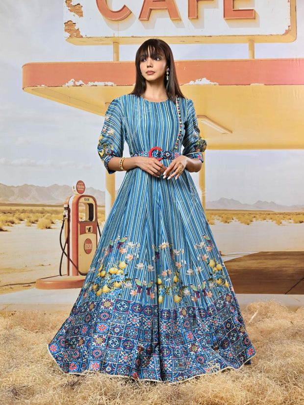 Blue Vasansi Silk Printed Anarkali Gown
